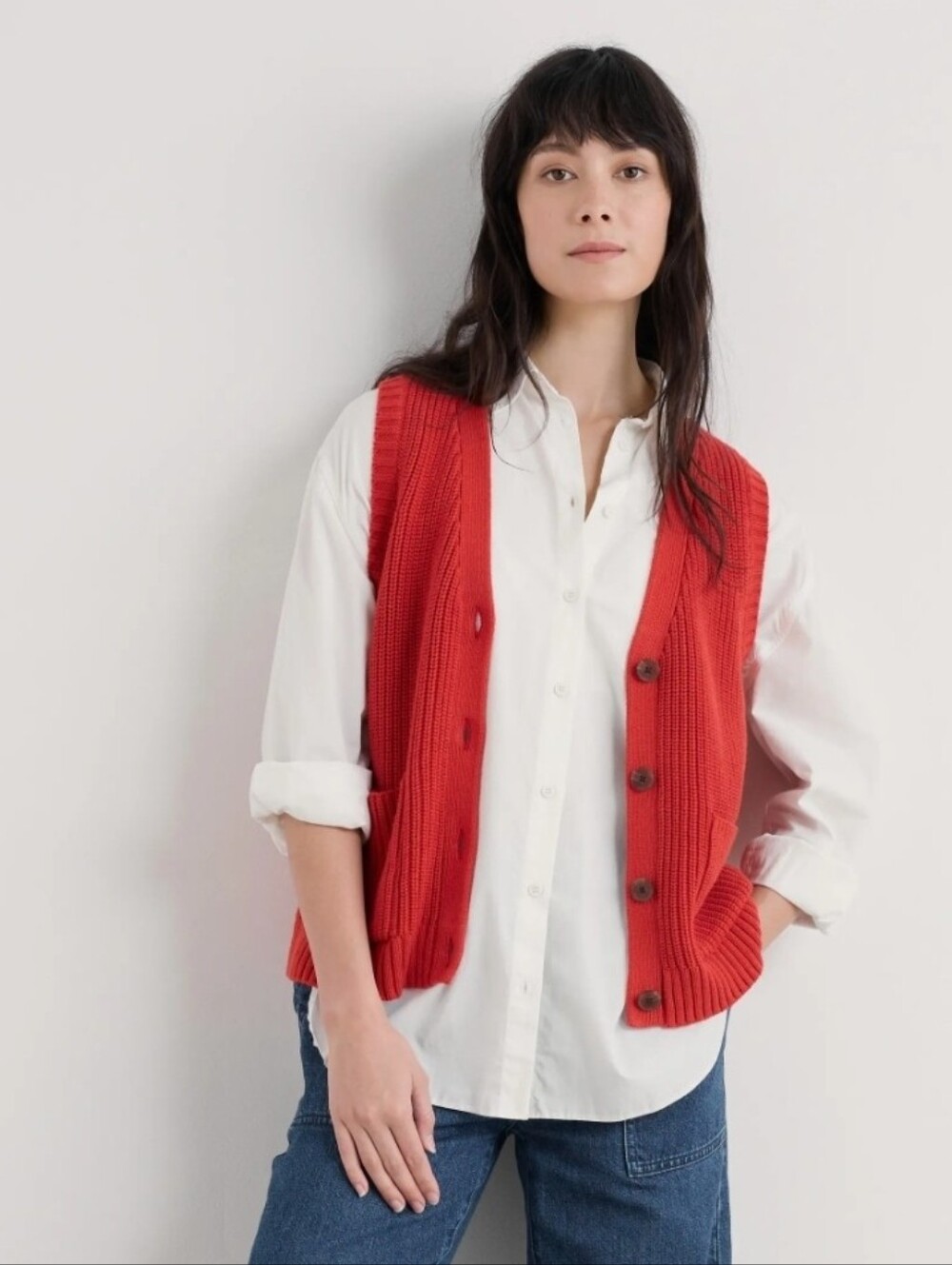 SeaSalt Cornwall Swanpool Rib Sweater Vest Organic Cotton Button Size 10